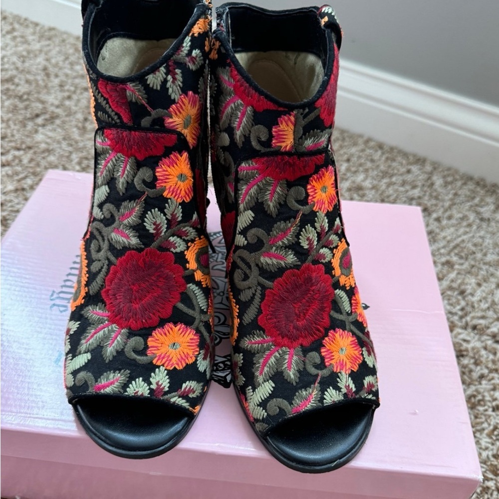 Crown Vintage Black Floral Embroidered Ankle Boots - Peep Toe